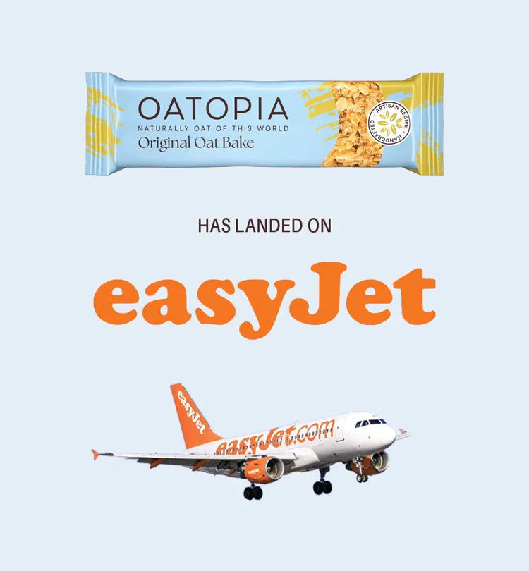 A promotional image featuring an Oatopia Original Oat Bake bar above the text 'HAS LANDED ON' and an easyJet airplane with the airline's logo.