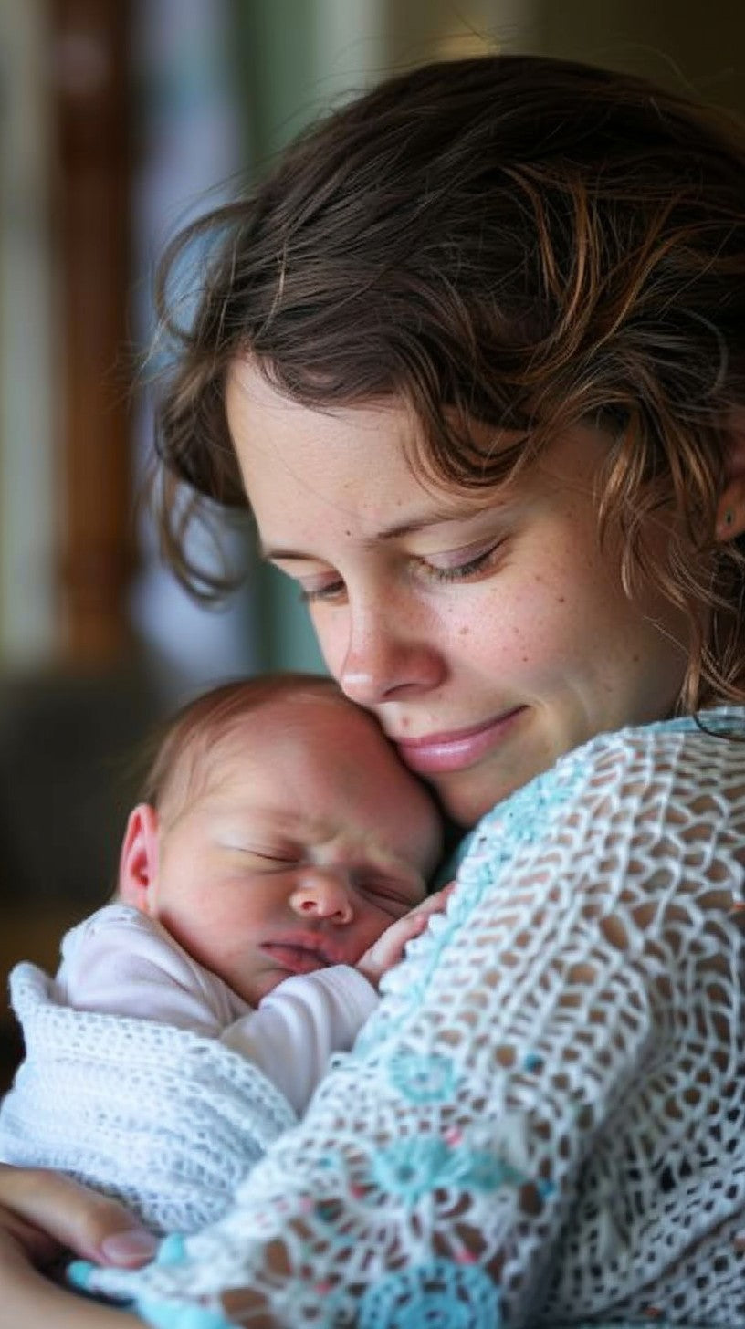 A joyful woman holds a baby close, showcasing a warm and affectionate bond between them.