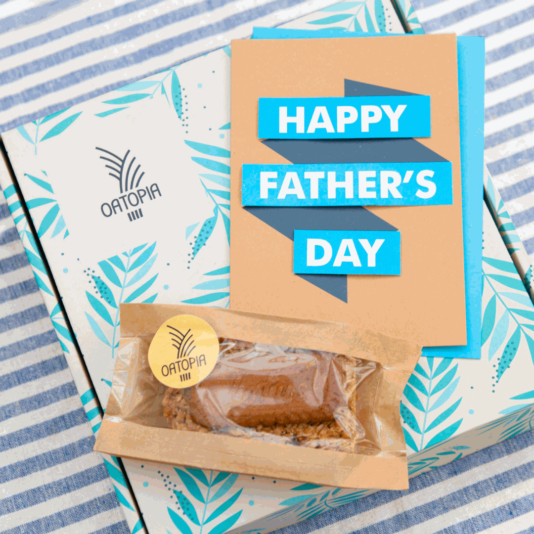 Oatopia gift box with Happy Father's Day card and packaged artisan flapjack