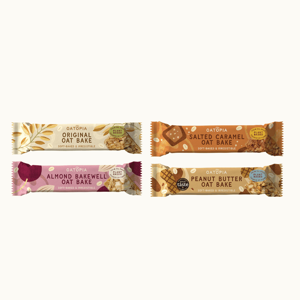 Oatopia Original/Salted Caramel/Almond Bakewell/Peanut Butter oat bakes in eco-friendly packaging
