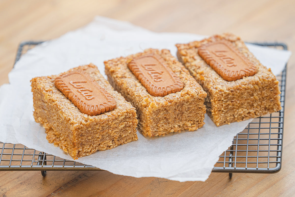 Biscoff flapjack, topped with a Lotus biscoff biscuit