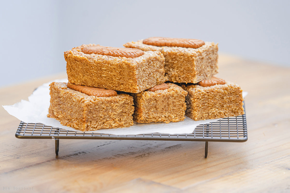 Biscoff flapjack, topped with a Lotus biscoff biscuit