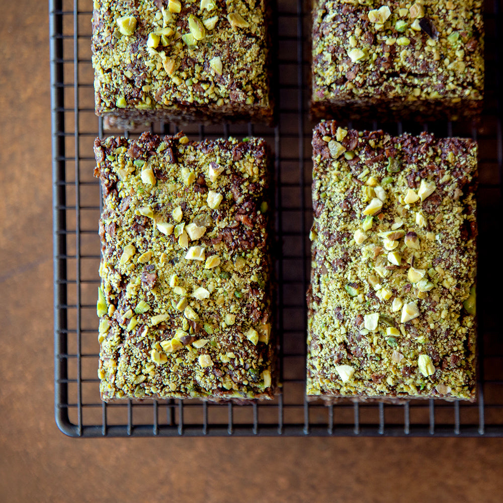 Fresh baked Dark Dubai-style Chocolate Pistachio plant-based Flapjacks 