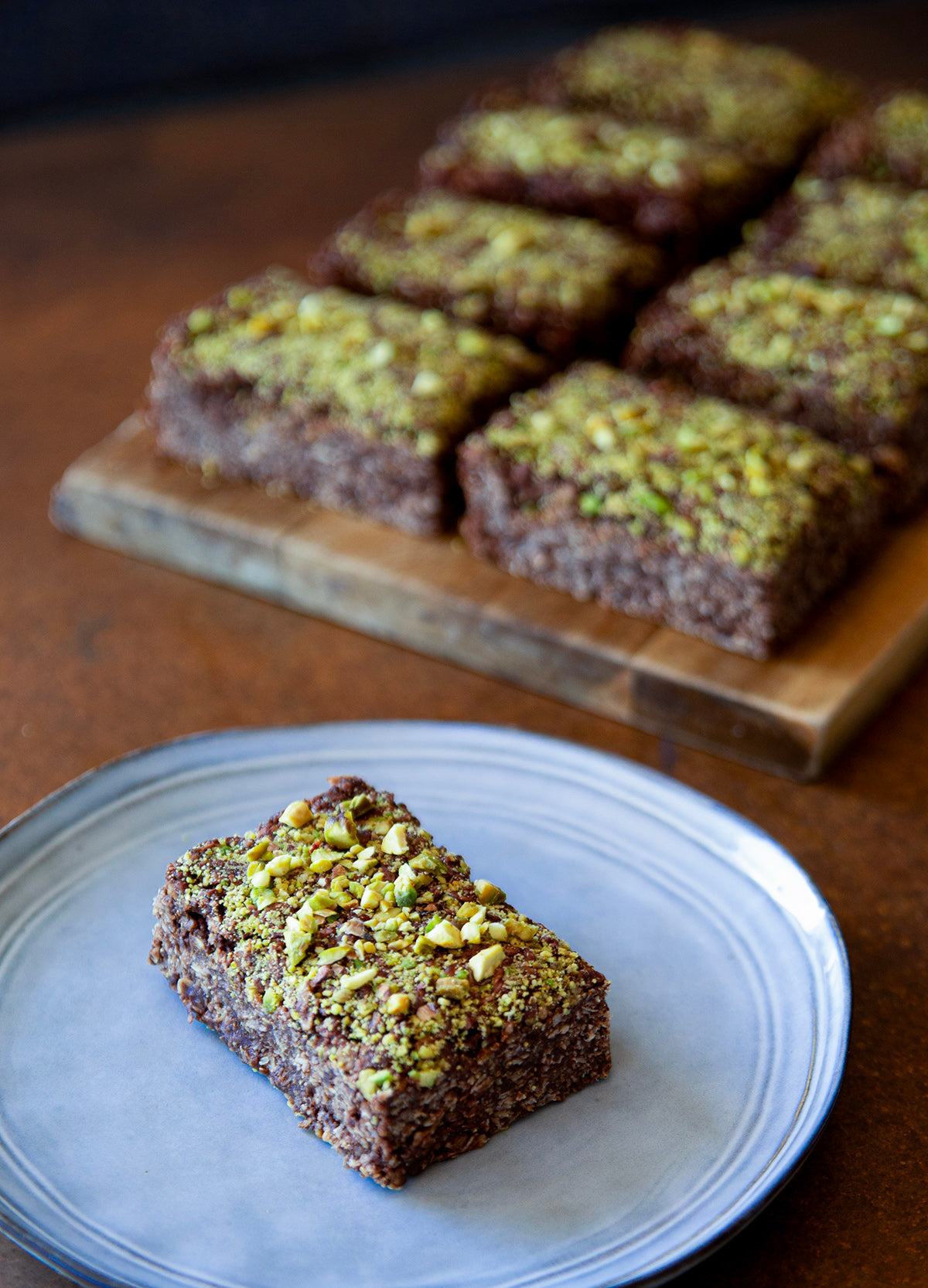 Decadent dark Dubai-style Chocolate Pistachio plant-based Flapjacks 