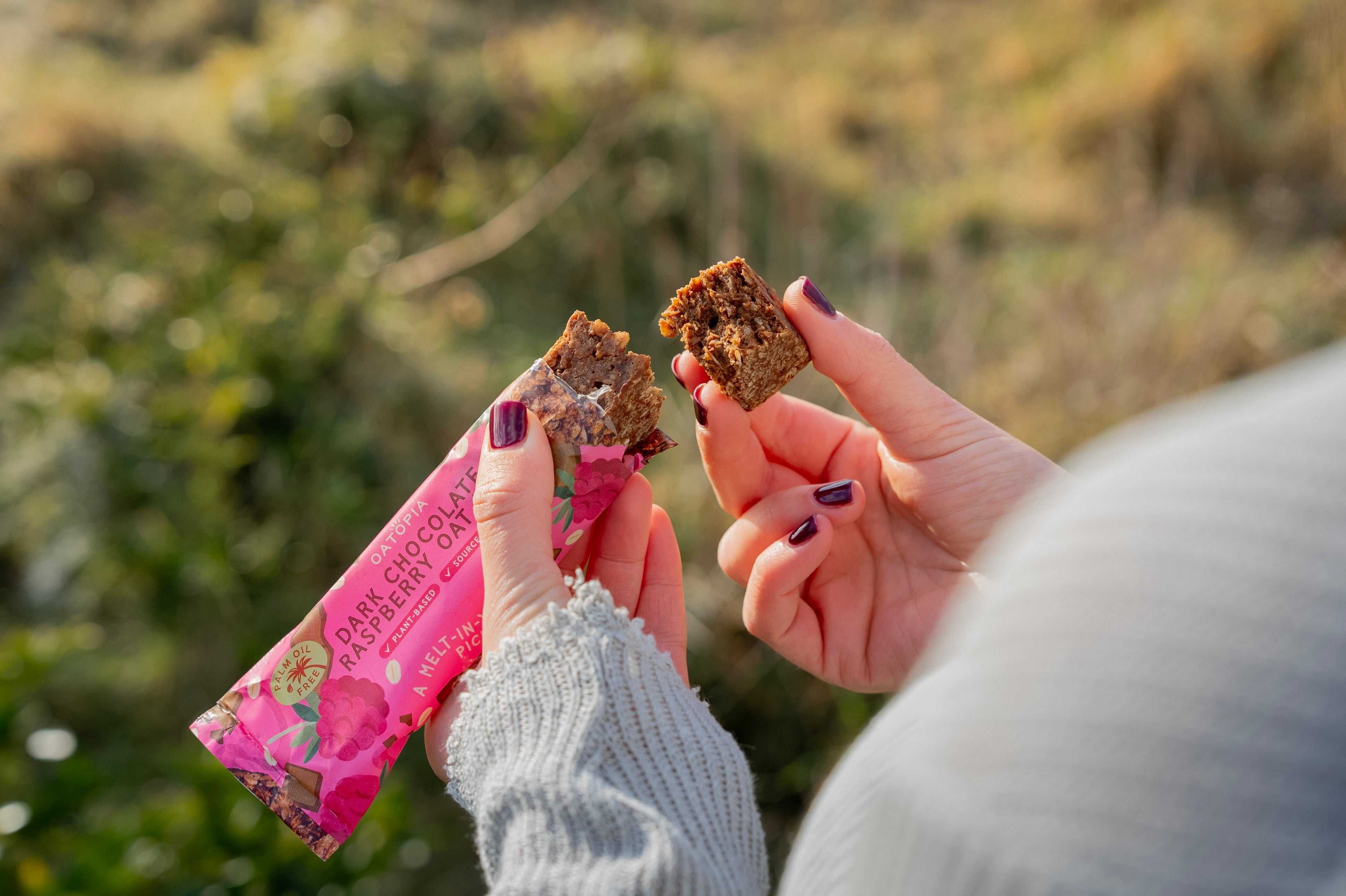 Dark Chocolate and Raspberry vegan oat bake bars stacked on a plate