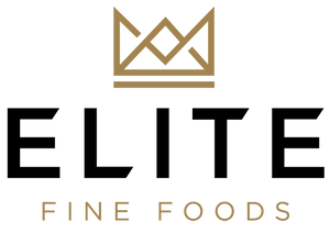Logo of Elite Fine Foods with a gold crown and black text on a white background