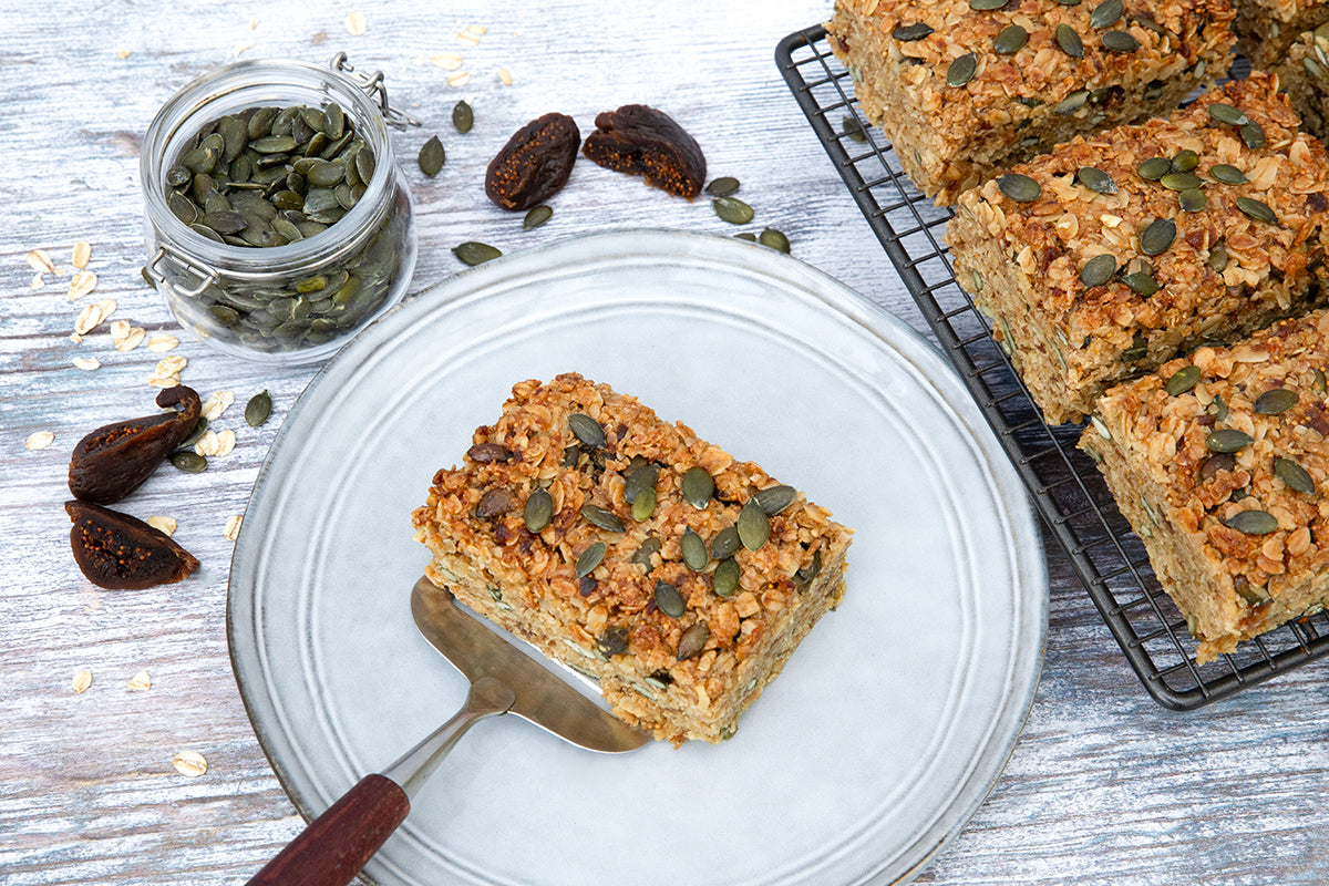 Seasonal fig and pumpkin seed vegan flapjack 