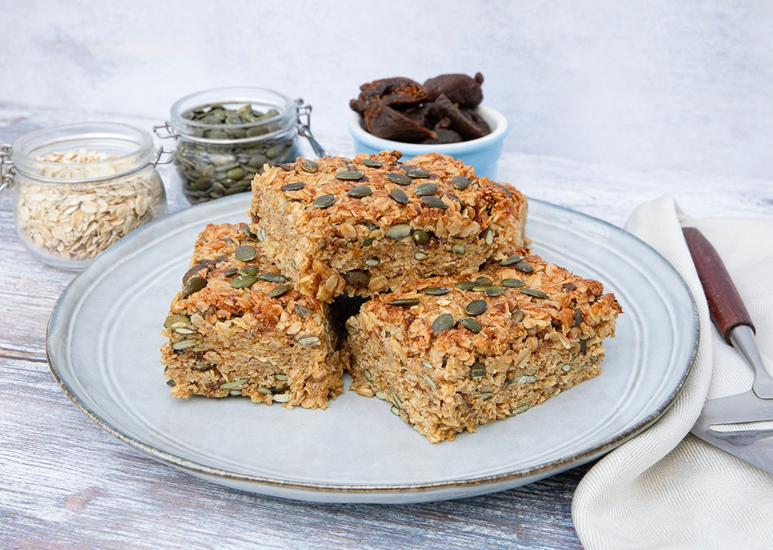 Seasonal fig and pumpkin seed vegan flapjack 