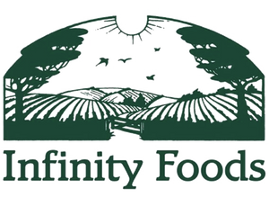 Infinity Foods logo with a scenic design and green text on a white background
