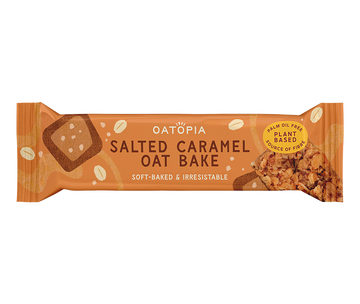 Oatopia Salted Caramel Oatbake in Brown packaging with Palm oil free plant based and source of fibre logo