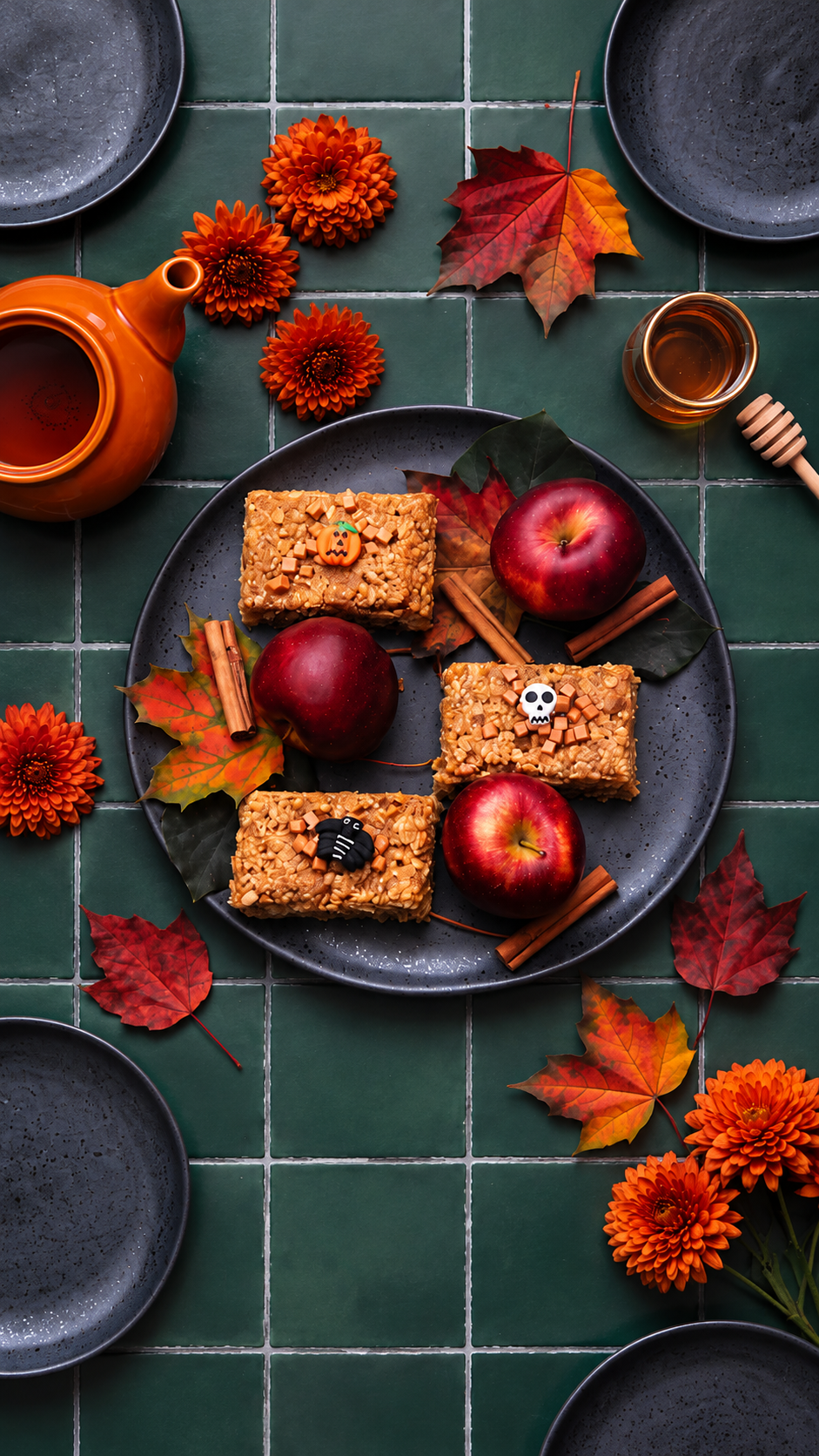 A styled autumn flat-lay featuring four grainy snack bars decorated with small Halloween-themed toppers, served on a dark gray plate with red apples, cinnamon sticks, and fall leaves on a dark green tiled table.