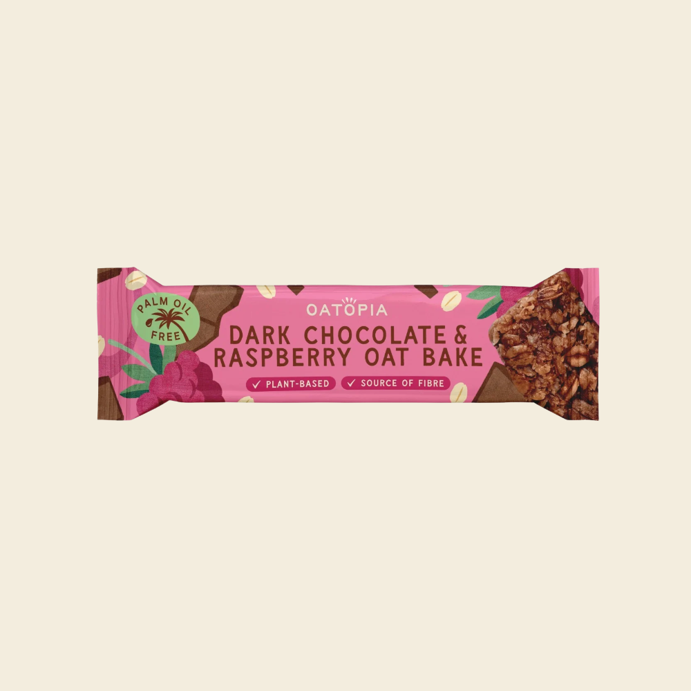 A delicious dark chocolate and raspberry oat bar, showcasing rich chocolate and vibrant raspberry pieces.