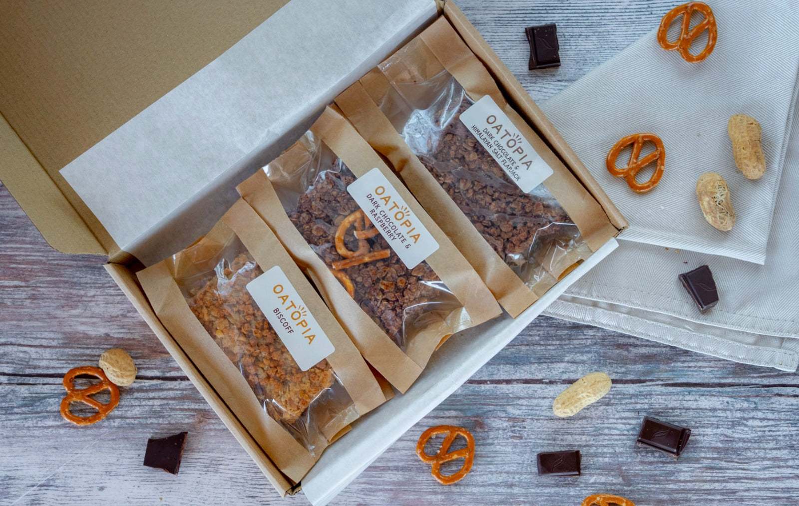 Father's Day Flapjack Gift Box with vegan Biscoff, Salted Pretzel Peanut Butter Chocolate, and Dark Chocolate Sea Salt flapjacks from Best Sellers Box
