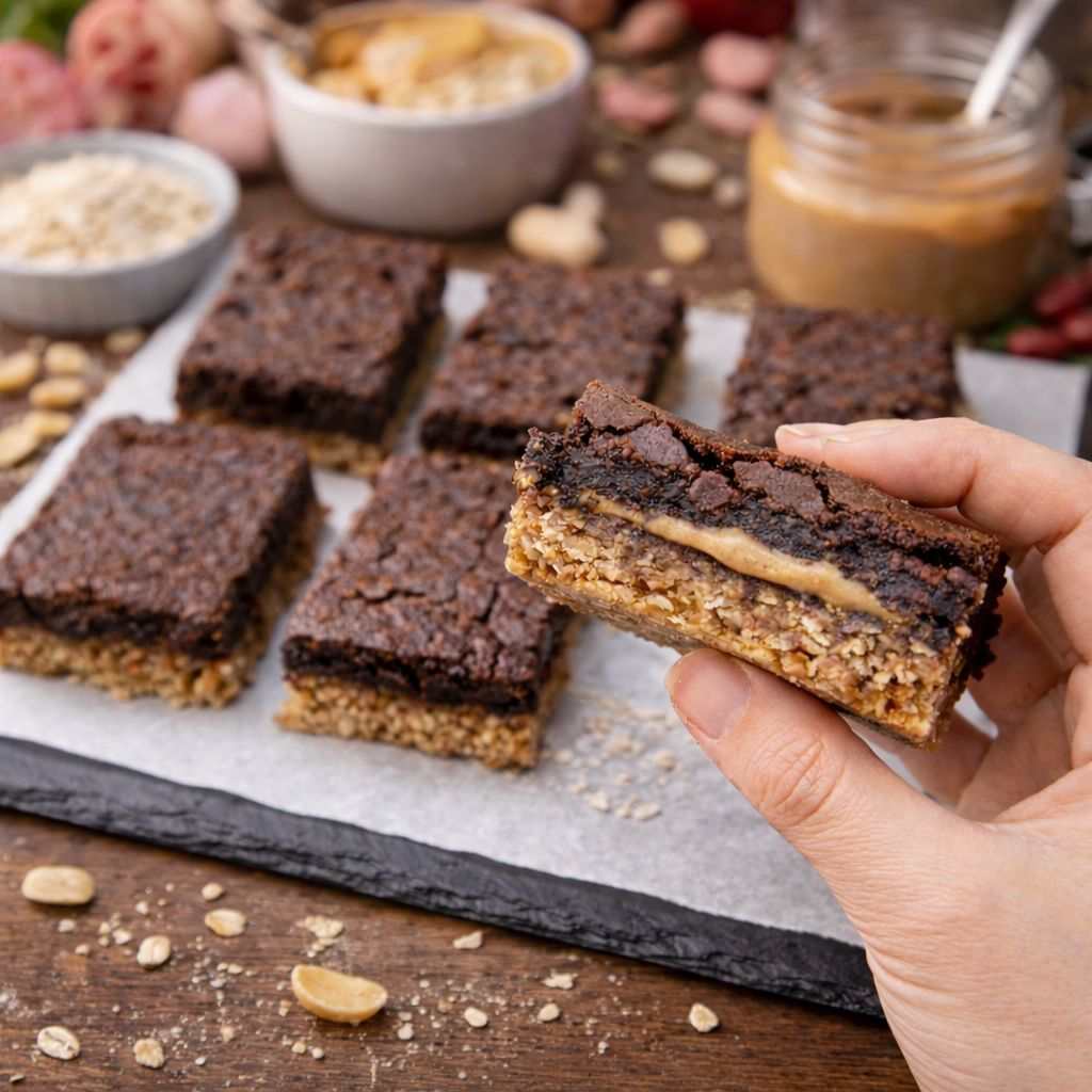  A hand grasping a delicious lapjack Brownies Valentine’s Gift Box with high-fibre oat flapjacks and chocolate brownie topping in a gift-ready box chocolate brownie, showcasing its fudgy texture.