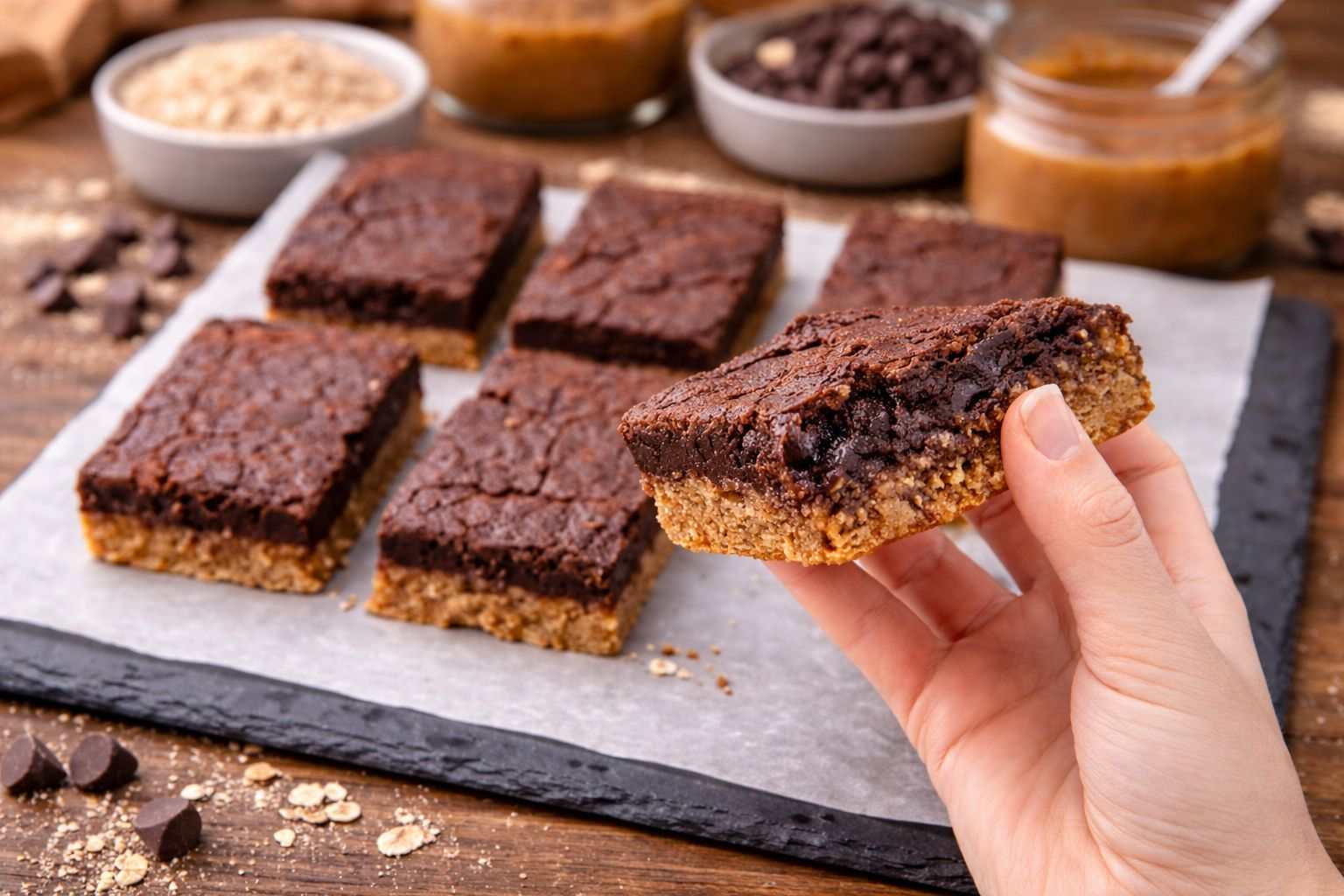  A person holds a rich brownie topped with creamy peanut butter, ready to take a delicious bite.