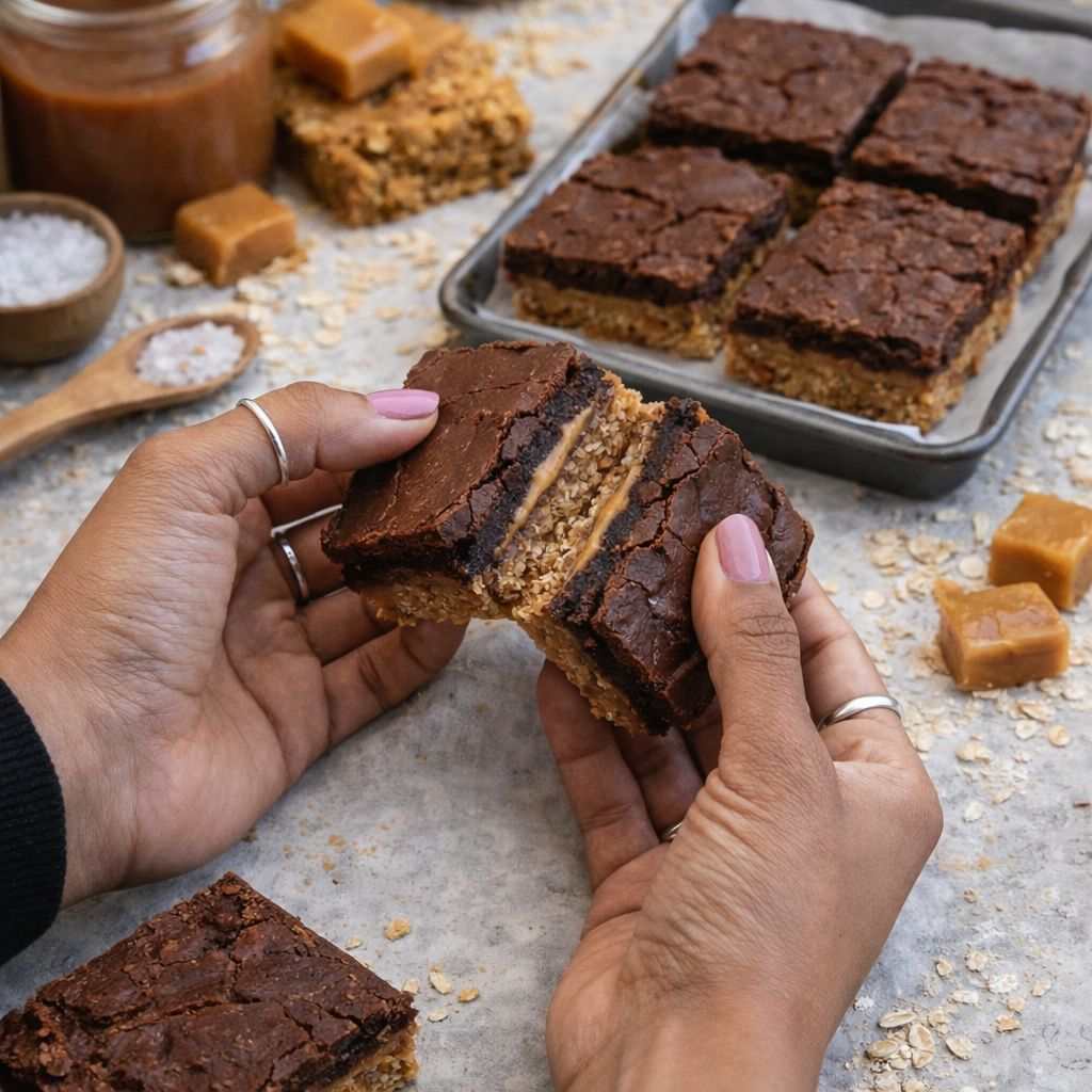 Flapjack Brownies Valentine’s Gift Box with high-fibre oat base and rich chocolate topping in a gift-ready box.  A person holding a delicious brownie bar, showcasing its rich chocolatey texture and tempting appearance.