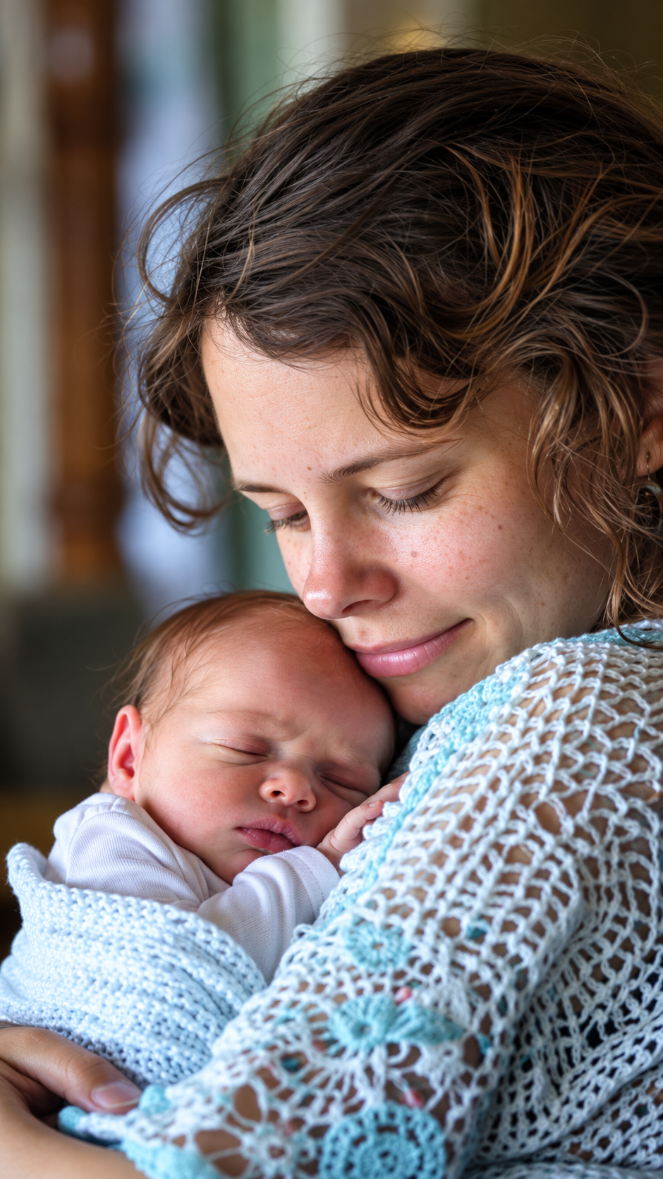 A close-up lifestyle shot of a woman cradling a sleeping newborn baby wrapped in a light blue and white knit blanket. The woman is wearing a white crochet cardigan with light blue accents.