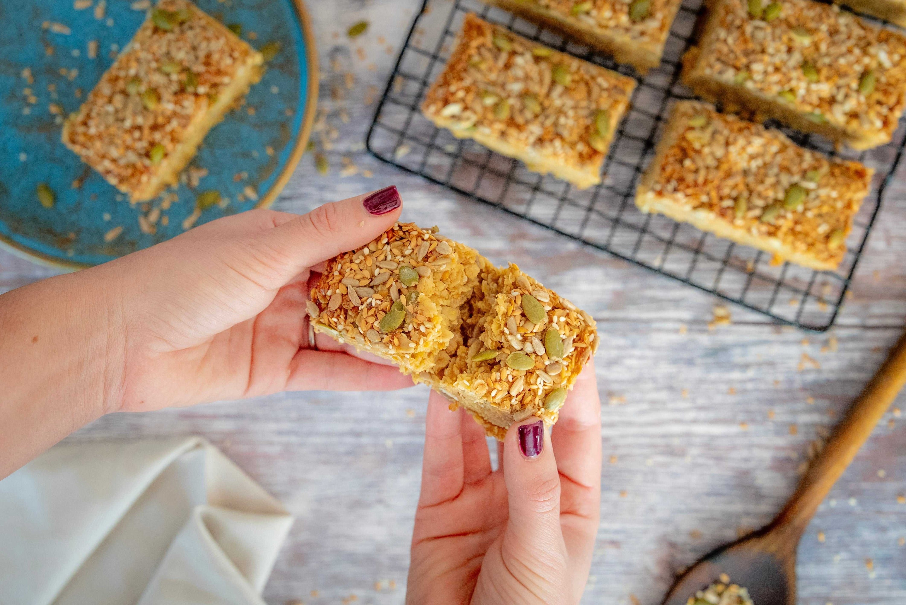 Seeded vegan flapjack bar with organic seeds and natural ingredients