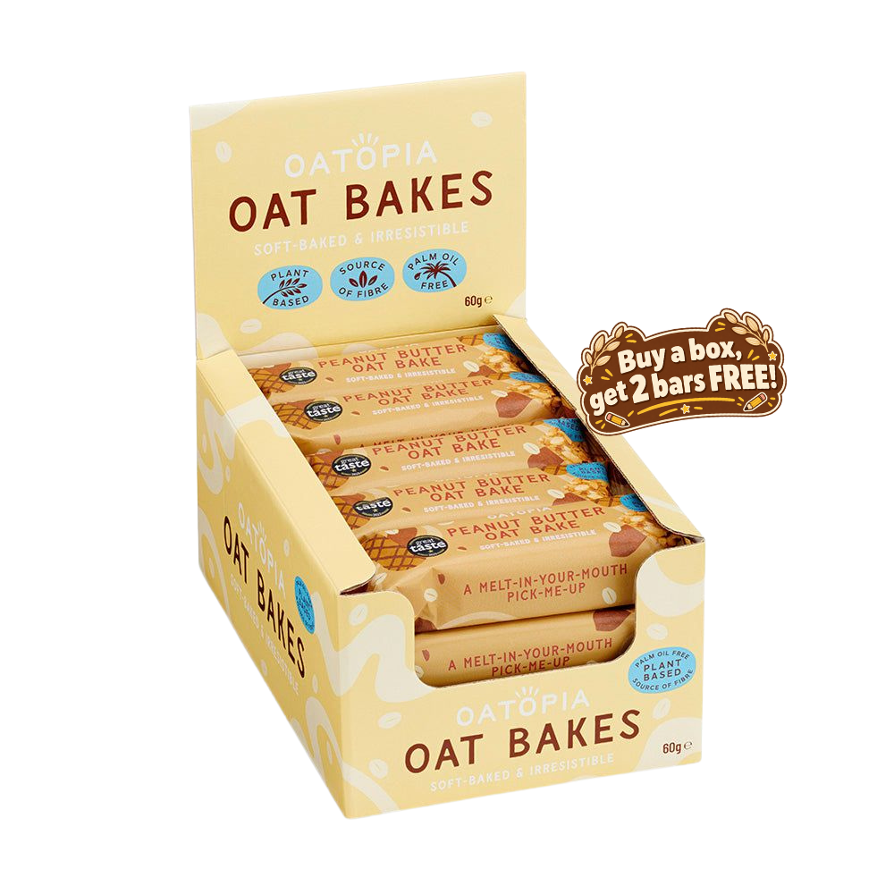 A box of Qatópia Oat Bakes, showing several individually wrapped oat bars inside. The packaging is a pale yellow-beige color with brown and blue text and graphics.