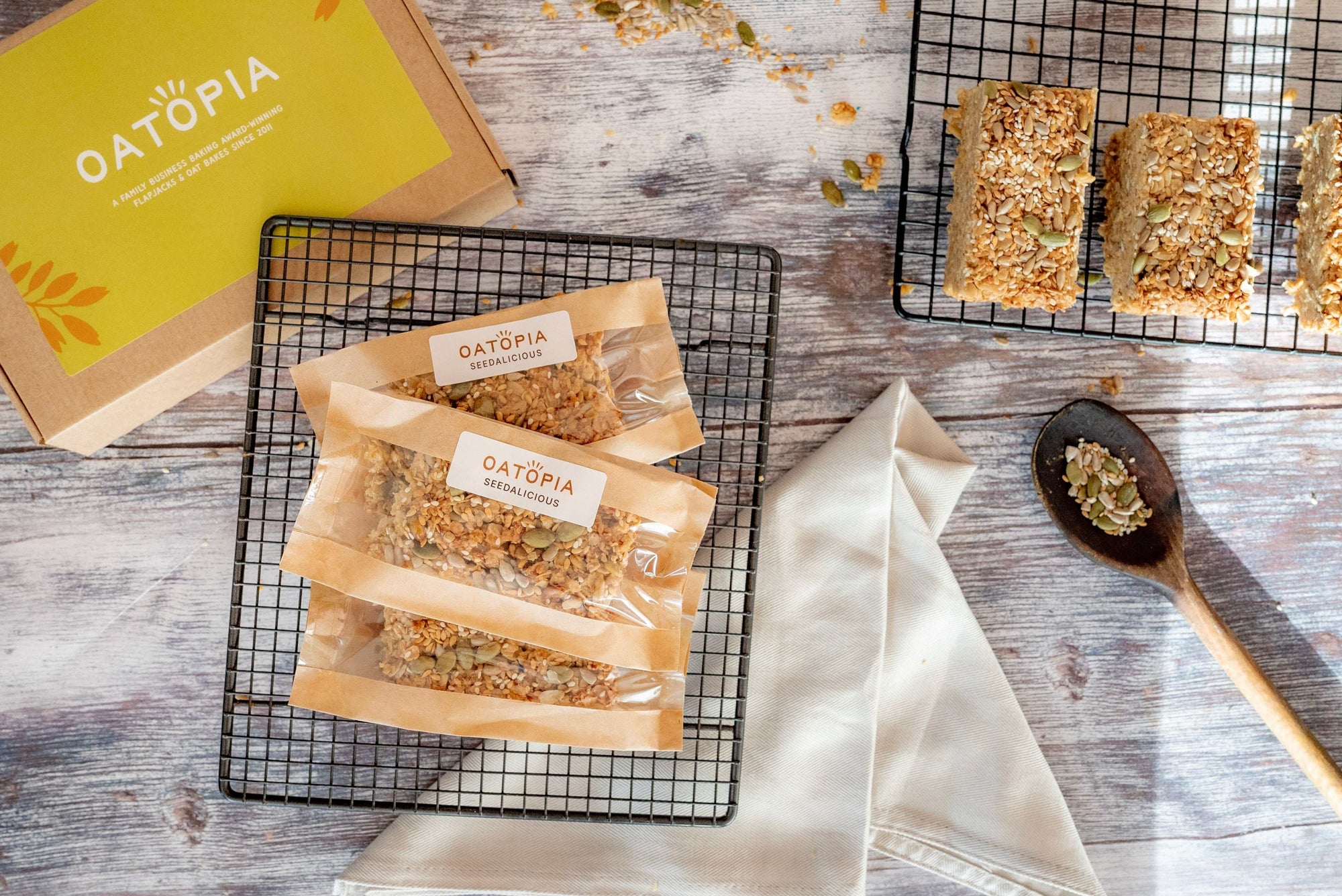 Seeded vegan flapjack with pumpkin, sunflower, sesame, and linseed seeds handcrafted oat bar by Seedalicious