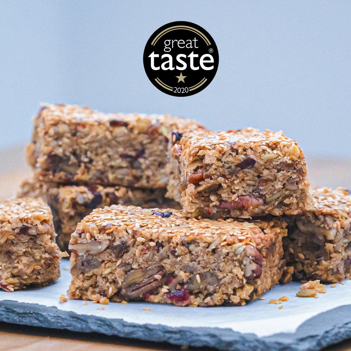 2020 Great Taste Award-winning Breakfast Bar with oats, seeds, dried fruits, and pecan nuts, vegan-friendly