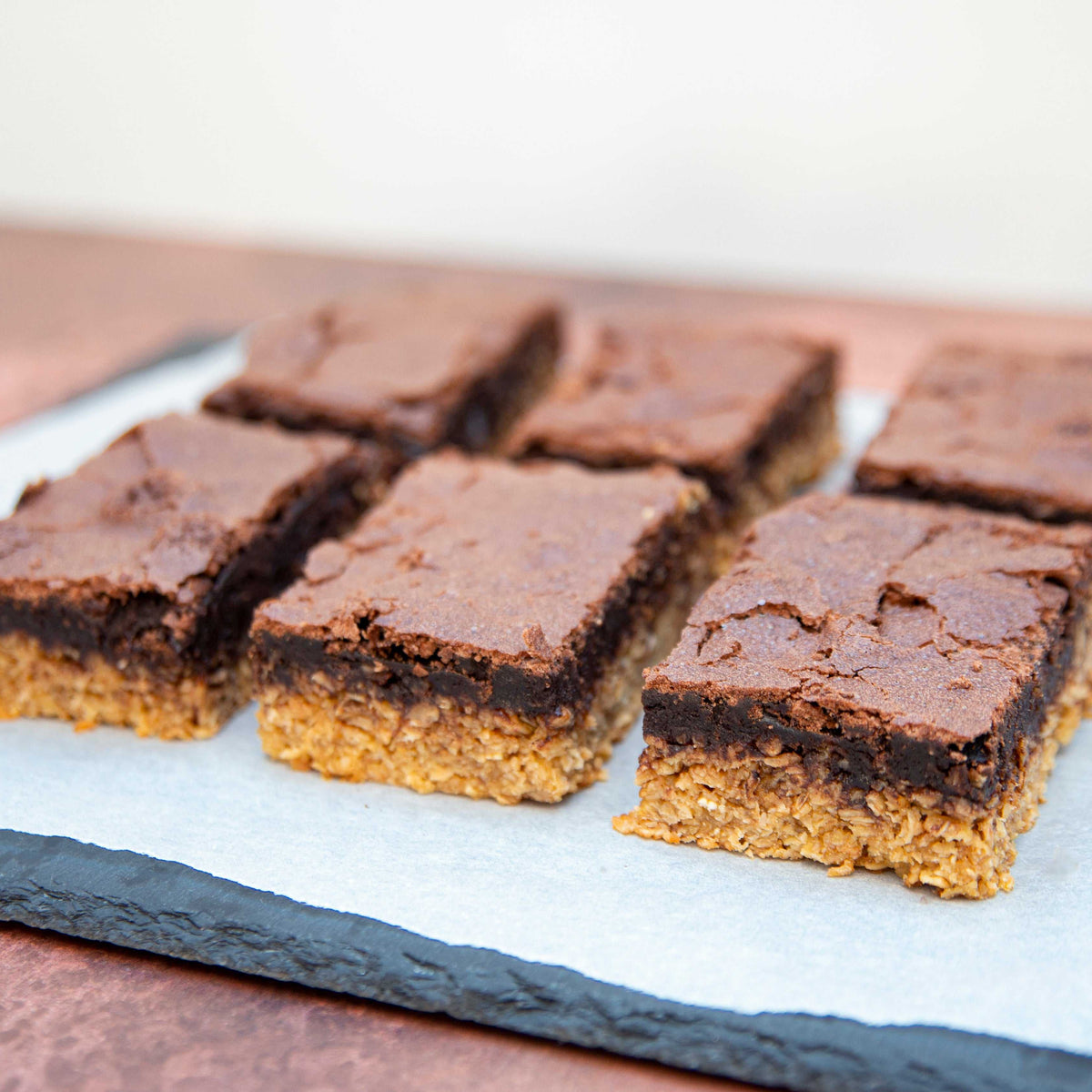 Oatopia Flapjack Brownie with a fudgy chocolate layer over a soft-baked oat base